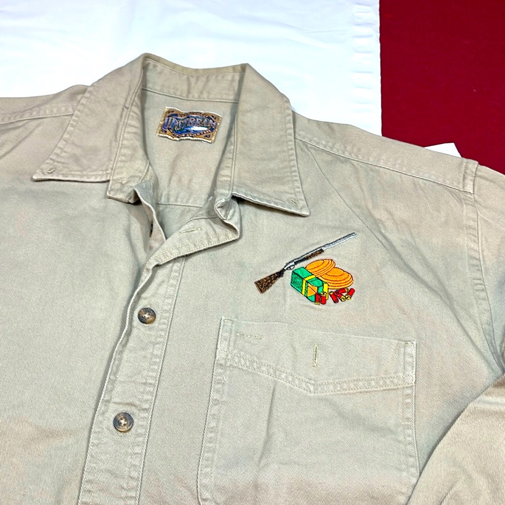 Clay pigeon Gun hunting embroidery TAN SHIRT Dunbrooke Long Sleeve mens LARGE L